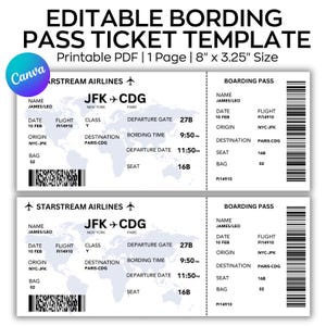 Könnte beinhalten: Eine weiße, druckbare PDF-Vorlage für ein editierbares Bordticket. Das Ticket enthält das Starstream Airlines-Logo, Flugdetails und einen Barcode. Die Ticketgröße beträgt 20,32 cm x 8,26 cm. Der Text enthält "JFK nach CDG" und "Vorlage für editierbares Bordticket".