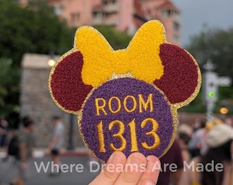 Room 1313 Minnie Ears Patch, Chenille Embroidered Badge, Gold Glitter Iron-On