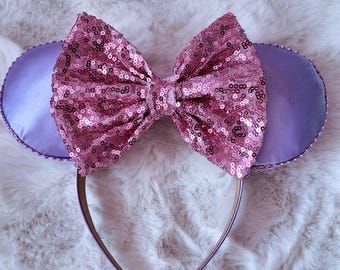 Kajsa Anka-inspirerade Mimmi-öron, rosa lila Disney-öron-pannband, Kajsa Anka-öron, glittrande karaktärsinspirerade musöron