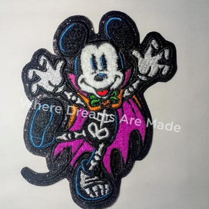 Mickey Mouse Skeleton Chenille & Embroidered Patch, Gold Glitter Iron On Disney Halloween Badge, Mickey Halloween Patch