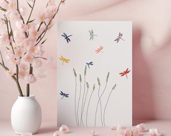 Dragonflies & grass greeting card -  designed by Eloise Hall - 15.7 x 11cm and blank inside, made in the UK