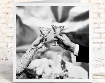 Wedding Card for Couple - Vintage Black & White Photo - Bride and Groom Toasting - Elegant Wedding Card UK