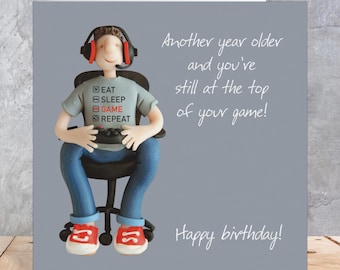 Funny Birthday Card for Gamers - Polymer Clay Art by Erica Sturla - Gaming Birthday Card for Him UK