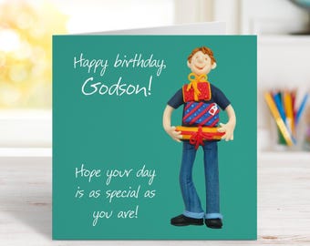 Godson birthday card from a Godparent - designed by Erica Sturla - 15cm square and blank inside, made in the UK