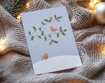 Robins & holly Christmas card -  designed by Eloise Hall - 15.7 x 11cm and blank inside, made in the UK