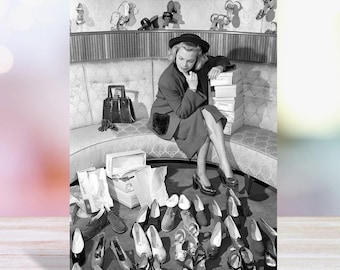 Choosing shoes - vintage black and white themed card - 12.6 x 17.7cm and blank inside - made in the UK