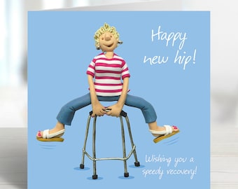 Funny Hip Replacement Card - Happy New Hip - Polymer Clay Art by Erica Sturla - Get Well Card UK