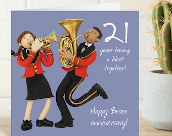 21st anniversary card (brass anniversary card) - designed by Erica Sturla - 15cm square and blank inside, made in the UK