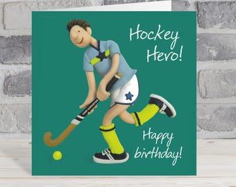 Hockey hero birthday card for him - designed by Erica Sturla - 15cm square and blank inside, made in the UK