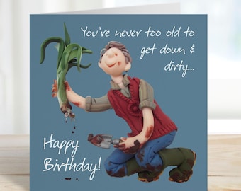 Down and dirty birthday card for him - designed by Erica Sturla - 15cm square and blank inside, made in the UK