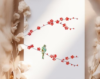 Blossom & one bird greeting card -  designed by Eloise Hall - 15.7 x 11cm and blank inside, made in the UK