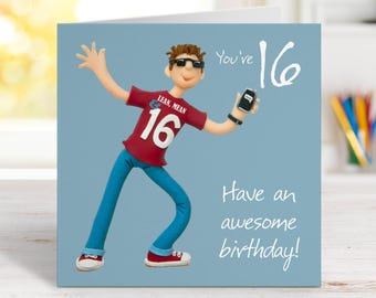 16th birthday card for him - designed by Erica Sturla - 15cm square and blank inside, made in the UK