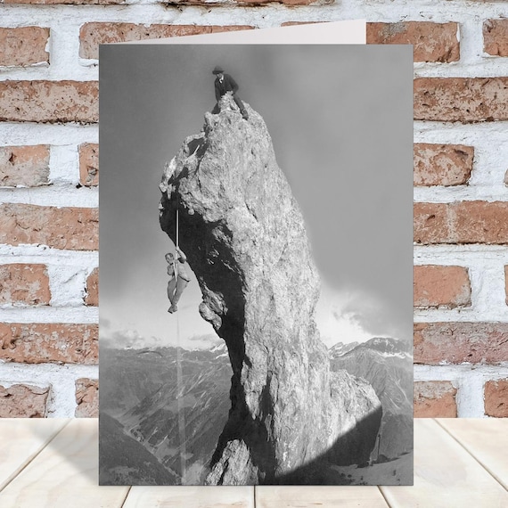 Peak Performance, Peak performance, black and white vintage photographic card featuring rock climbers - 12.6 x 17.7cm and blank inside - made in the UK