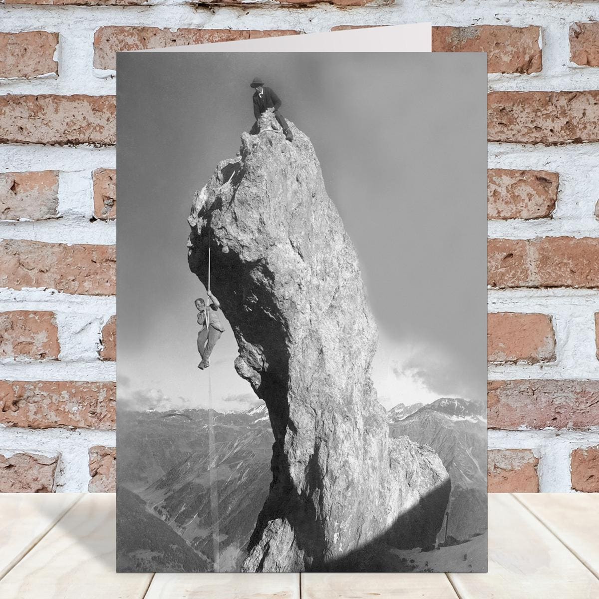 Peak Performance, Peak performance, black and white vintage photographic card featuring rock climbers - 12.6 x 17.7cm and blank inside - made in the UK