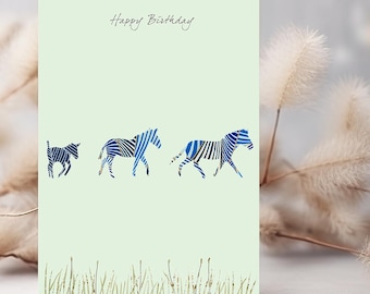 Zebra birthday card -  designed by Eloise Hall - 15.7 x 11cm and blank inside, made in the UK
