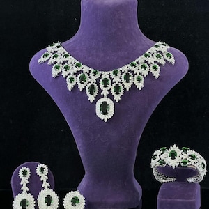 Emerald Green Bridal Jewelry Set – Luxury Statement Necklace Earrings Bracelet Ring – Wedding Zirconia Jewelry for Bride & Women
