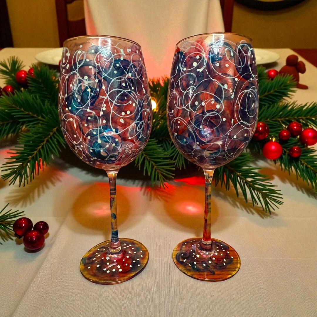 Hand-painted Wine Glasses Set | Abstract Holiday Art Glassware - Etsy