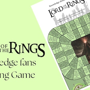 May include: A board game with a green and white design, featuring questions about The Lord of the Rings. The game board has a central image of a volcano and the text "The Lord of the Rings - knowledge fans Drinking Game".