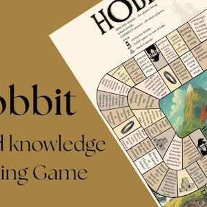 May include: A board game with a fantasy theme, featuring a central illustration of a dragon and mountain scene. The game board is tan with various question prompts and the text "Hobbit - Inspired knowledge Drinking Game".