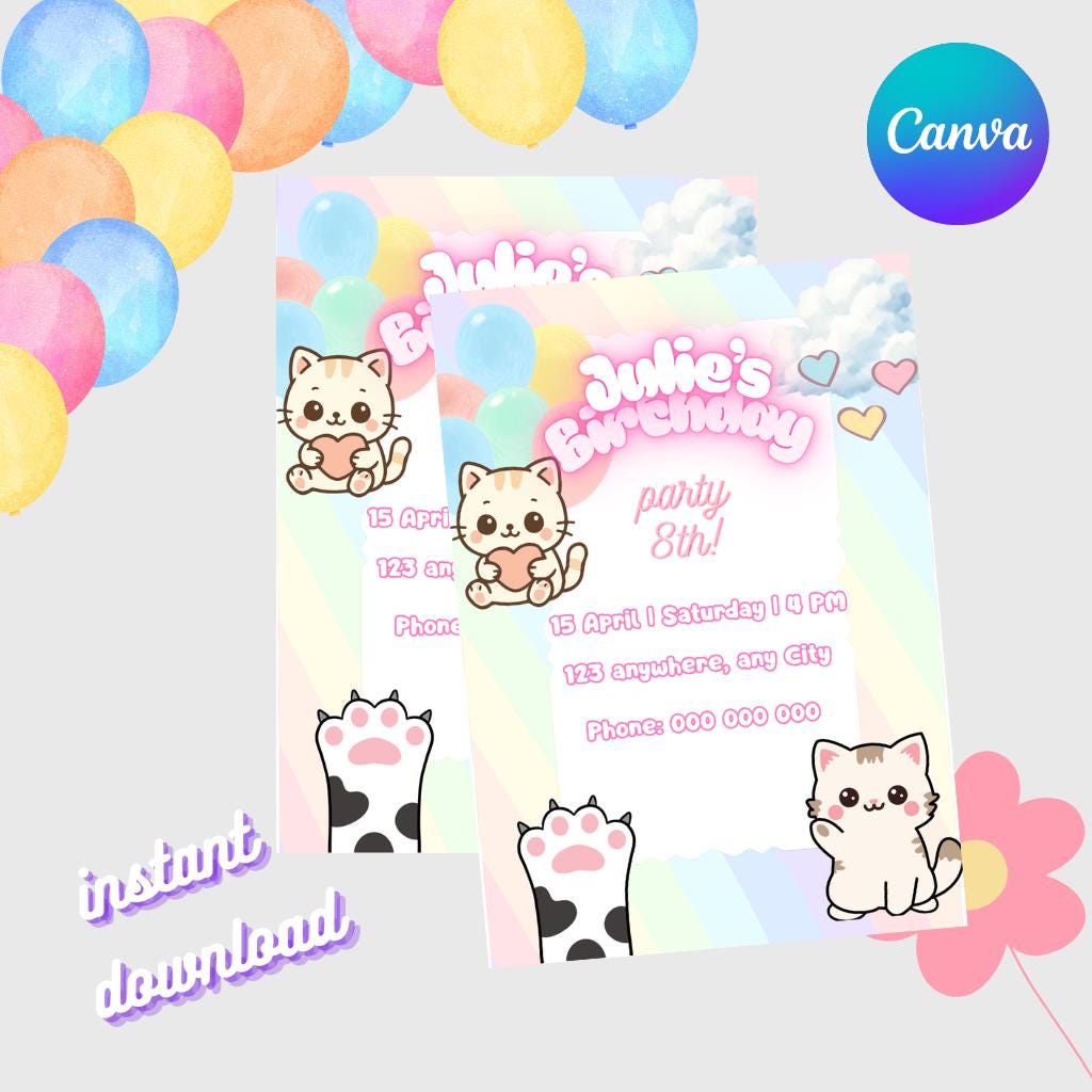 Editable Kawaii Cat Birthday Invitation | Cute Pastel Rainbow Kitty ...