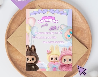 Modello modificabile per invito Labubu Canva - Invito carino per compleanno o baby shower, PDF scaricabile immediatamente per bambini