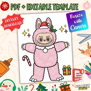 May include: A pink monster character wearing a Santa hat and holly, with the text "PDF + EDITABLE TEMPLATE" and "INSTANT DOWNLOAD". The image includes a candy cane, gift box, and the text "Resize with Canva".