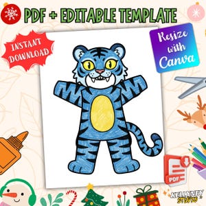 May include: A blue tiger illustration with black stripes and a yellow belly, set against a white background. The image includes the text "PDF + EDITABLE TEMPLATE", "INSTANT DOWNLOAD", and "Resize with Canva". Additional holiday-themed graphics surround the illustration.