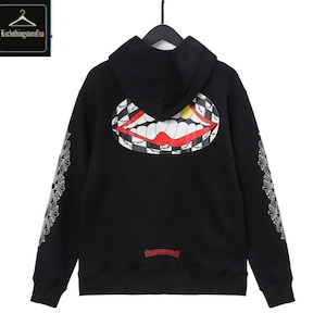 Black Graphic Hoodie with Bold Mouth Print & Sleeve Design – Unisex Streetwear Pullover