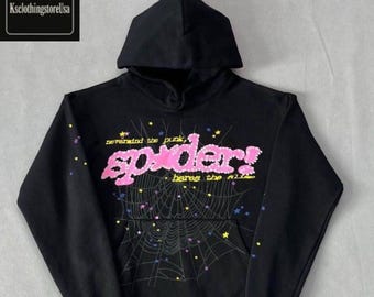 Svart Streetwear-huvtröja – Rosa Fuzzy Graphic, Spindelnätsdesign