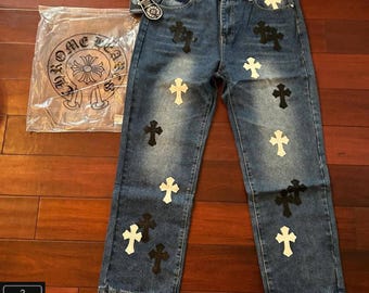 Vintage Wash Denim Streetwear Pants, Unisex Designer Style, Custom Cross Applique Jeans