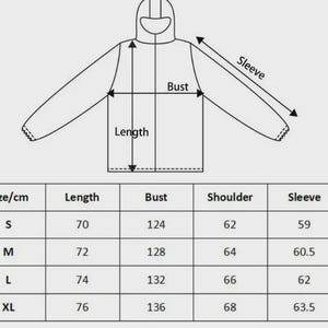 May include: Diagram of a hooded garment with measurements for length, bust, and sleeve. A size chart in centimeters shows dimensions for sizes S, M, L, and XL. The length ranges from 70 cm to 76 cm, and the bust from 124 cm to 136 cm.