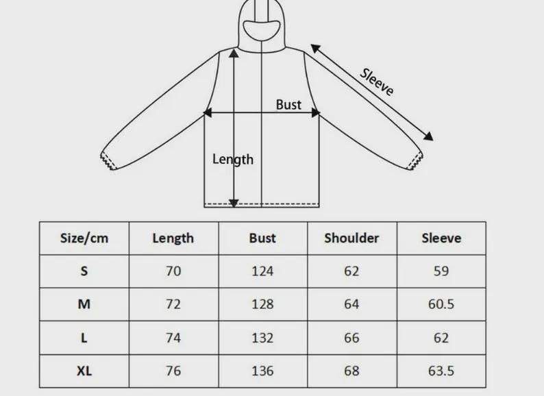 May include: Diagram of a hooded garment with measurements for length, bust, and sleeve. A size chart in centimeters shows dimensions for sizes S, M, L, and XL. The length ranges from 70 cm to 76 cm, and the bust from 124 cm to 136 cm.