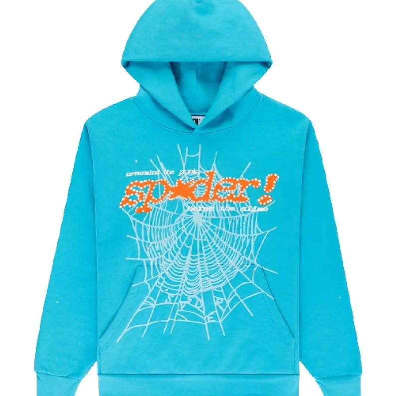 May include: A turquoise hoodie with a hood and a front pocket. The front features a white spiderweb design with the word "Spider!" in orange, and additional text above and below the word.