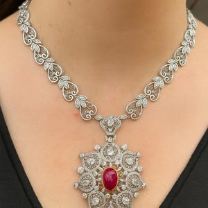 GIA Certified 26.16ct Burma Ruby Diamond Brooch Pendant: 18K White Gold