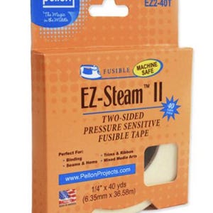 May include: An orange box of EZ-Steam II fusible tape. The packaging displays the Pellon logo and product details, including "Two-Sided Pressure Sensitive Fusible Tape." The tape measures 6.35mm x 36.58m.