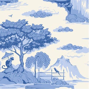 May include: Blue and white toile pattern featuring a scenic landscape with trees, mountains, clouds, and a waterfall. A monkey sits under a parasol, and a bird perches on a fence. The design is reminiscent of classic porcelain patterns.
