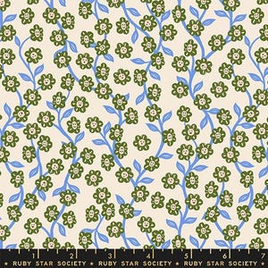 May include: Cream-colored fabric with a repeating floral pattern. Green smiling flowers are scattered across the surface, connected by blue stems and leaves. The text "RUBY STAR SOCIETY" is printed at the bottom.