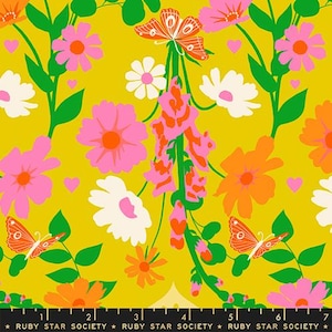 May include: A vibrant floral pattern on a yellow background. The design features pink, orange, and white flowers, green leaves, and orange butterflies. Small pink hearts are scattered throughout. The text "RUBY STAR SOCIETY" is at the bottom.