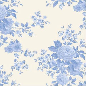 May include: A seamless pattern featuring light blue floral bouquets on a cream background. The design includes roses, daisies, and other flowers with detailed leaves, creating a classic, elegant aesthetic.