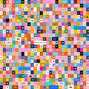 以下が含まれることがあります： 多数の小さな正方形のタイルで構成された、鮮やかでカラフルなパターン。各タイルには、動物、植物、抽象的な形などのイラストを含むユニークなデザインがあります。カラーパレットは多様で、ピンク、ブルー、イエロー、オレンジなどがあります。