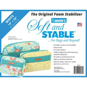 May include: White foam stabilizer by Annie's, 45.7 cm x 147 cm, with three bags in floral and yellow patterns. The product provides structure and stability for bags, costumes, and more. The text on the packaging reads "Soft and Stable".