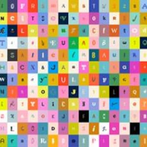 May include: A colorful, abstract design composed of numerous squares, each with a unique color and a single letter or symbol. The palette includes pinks, blues, yellows, and greens, creating a vibrant and eye-catching pattern. The overall effect is reminiscent of a mosaic or a digital collage.