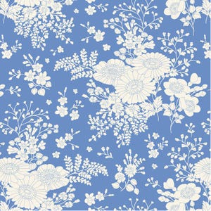 May include: A seamless pattern featuring a light blue background with a repeating floral design. The flowers are primarily white, with detailed outlines and varying sizes. The pattern includes daisies, smaller blossoms, and leafy sprigs, creating a delicate and elegant aesthetic.