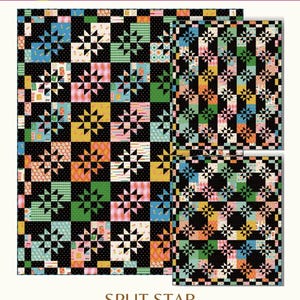 Può includere: Un colorato motivo per trapunte con un design a stella divisa. La trapunta presenta un patchwork di quadrati in vari colori, tra cui nero, blu, verde, rosa e giallo. Il testo "SPLIT STAR" e "RUNNER, BABY, THROW, & QUEEN SIZES" sono visualizzati.