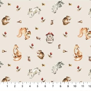 May include: A light beige fabric featuring a repeating pattern of watercolor-style woodland animals including foxes, rabbits, squirrels, and a hedgehog wearing a red hat, interspersed with small brown leaves and red berries, with a 12-inch ruler.