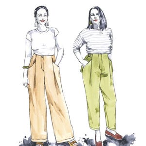 May include: A sewing pattern cover titled Mitchell No. 34 Trousers by Closet Core Patterns. The illustration features two figures wearing high-waisted trousers, one in tan wide-leg pants and the other in lime green tapered pants with side buckles.