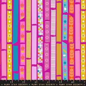 Puede incluir: Un vibrante patrón de tela con rayas verticales en tonos rosa, amarillo, azul y naranja sobre un fondo magenta. Las rayas presentan varios diseños decorativos, incluyendo patrones florales y geométricos. El texto "RUBY STAR SOCIETY" está en la parte inferior.