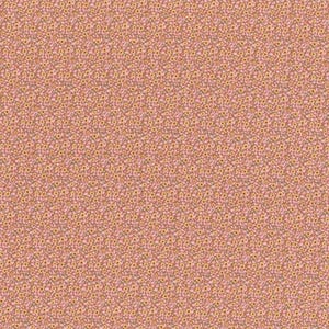 Pode incluir: Um padrão repetido de pequenas flores amarelas e brancas sobre um fundo rosa claro. As flores são densamente compactadas, criando uma aparência texturizada. A paleta de cores geral é quente e convidativa, com uma estética vintage.