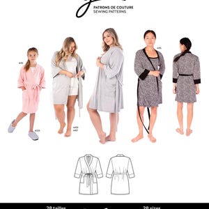 May include: A sewing pattern catalog featuring the "Jalie" logo and the text "PATRONS DE COUTURE SEWING PATTERNS". The catalog showcases various robe designs, including a pink, gray, and patterned robe. The text "Solène" is displayed, along with "28 sizes for children and adults".