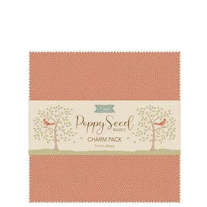 May include: A stack of fabric squares in a warm, speckled orange hue. The label reads "Poppy Seed Basics Charm Pack" with tree and bird illustrations. Each square measures 5 x 5 inches.